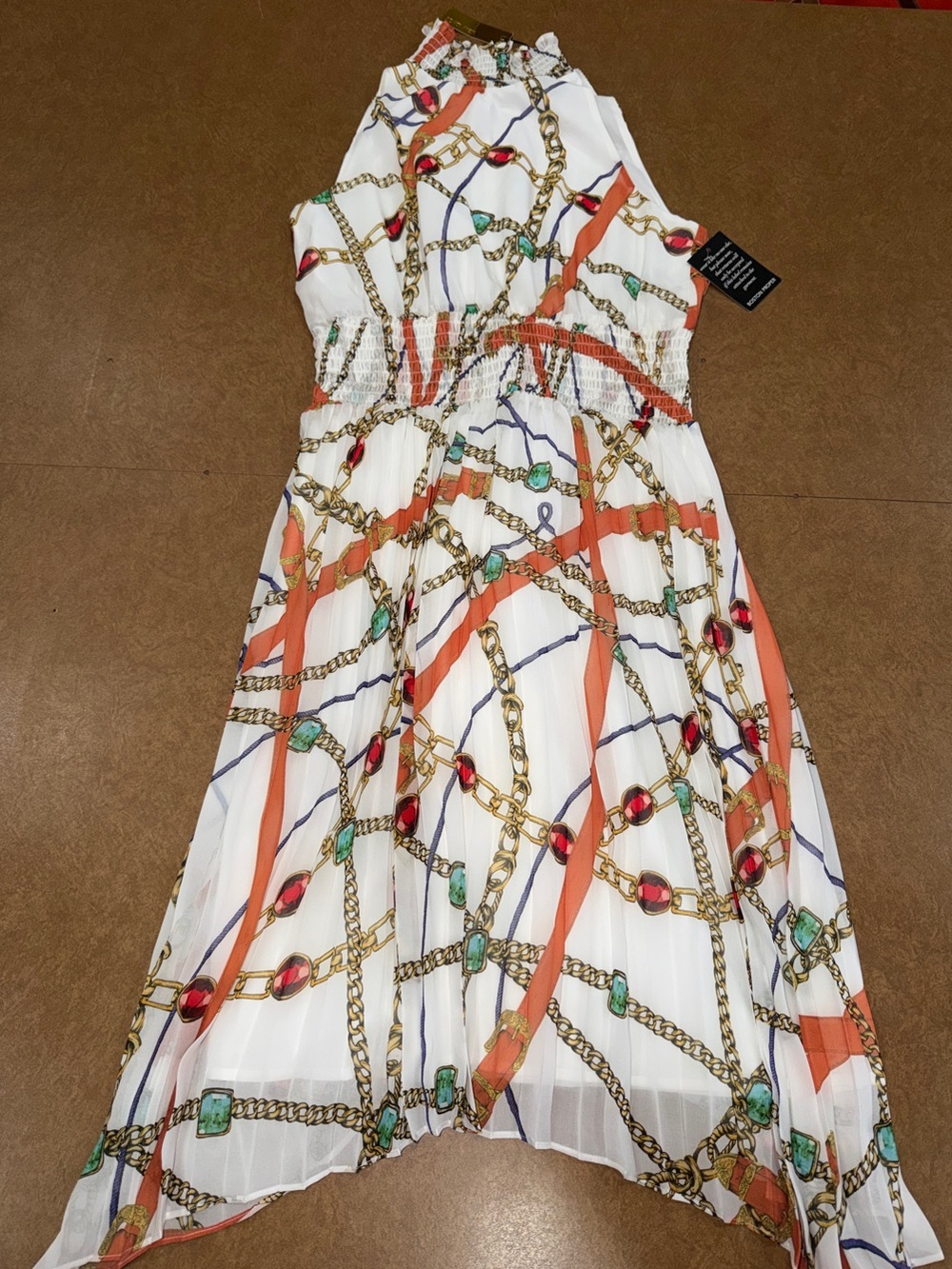 NWT Alexia Admor White Halter Pleated Midi Dress with Orange Chain & Jewel Print